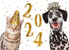 nieuwjaarskaart hond en kat gelukkig 2024